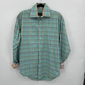 Tom James Pastel Plaid Long Sleeve Dress Shirt with contrasting Cuffs Medium